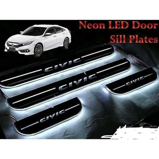 Car Door Sill Scuff Plate Protectors  3D Glass W/Led  Universal Fitting Civic Logo  White Led   04 Pcs/Set Black/Ss Colour Honda (China)