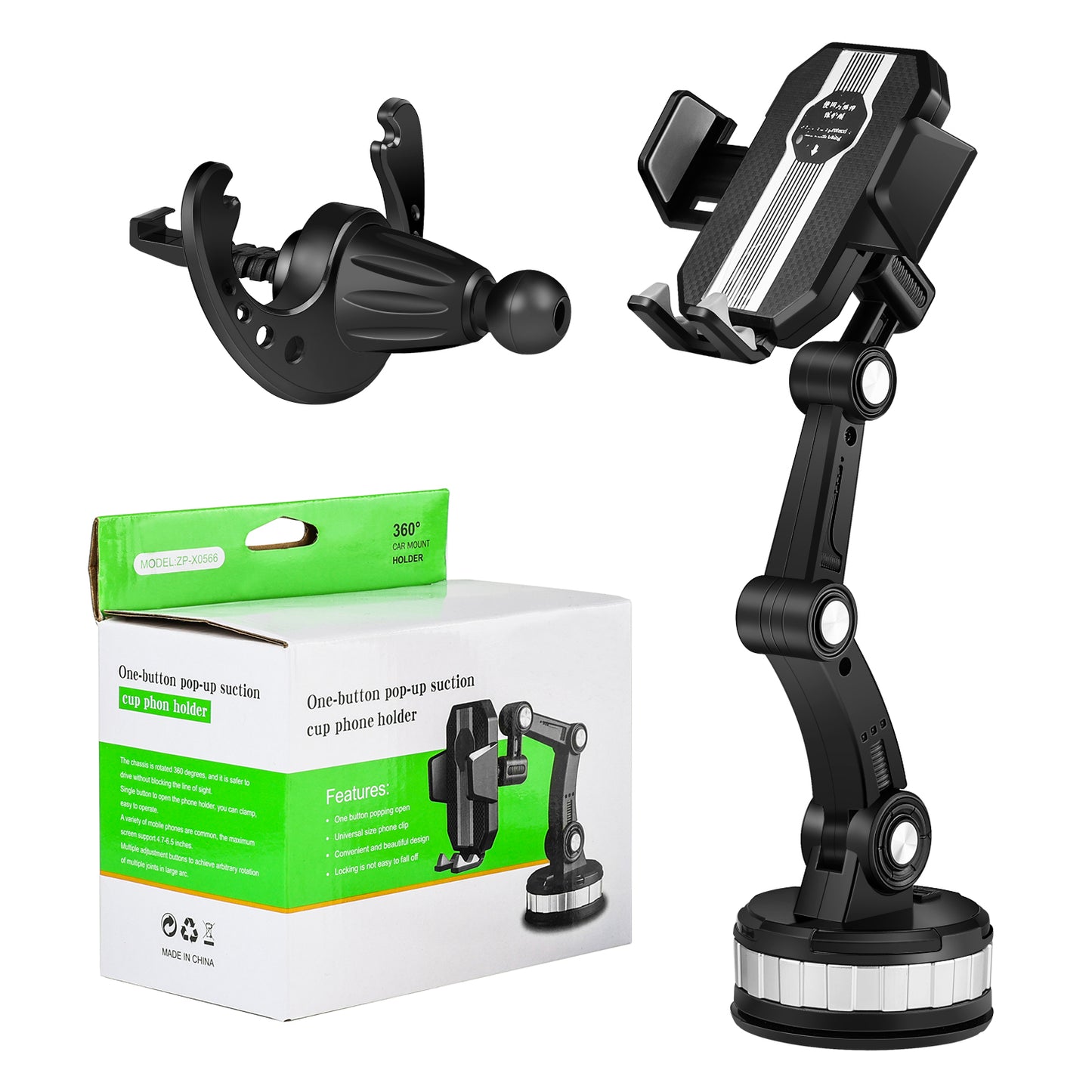 Car Mobile Holder Suction Cup Fitting Transformer Design Large Size Black/Silver Colour Box Pack Zp-X0566 (China)