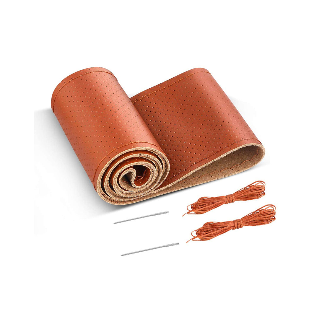 Car Steering Wheel Cover Stitch Type Pvc/Leather Material Leather Design Brown Universal Fitting Poly Bag Pack