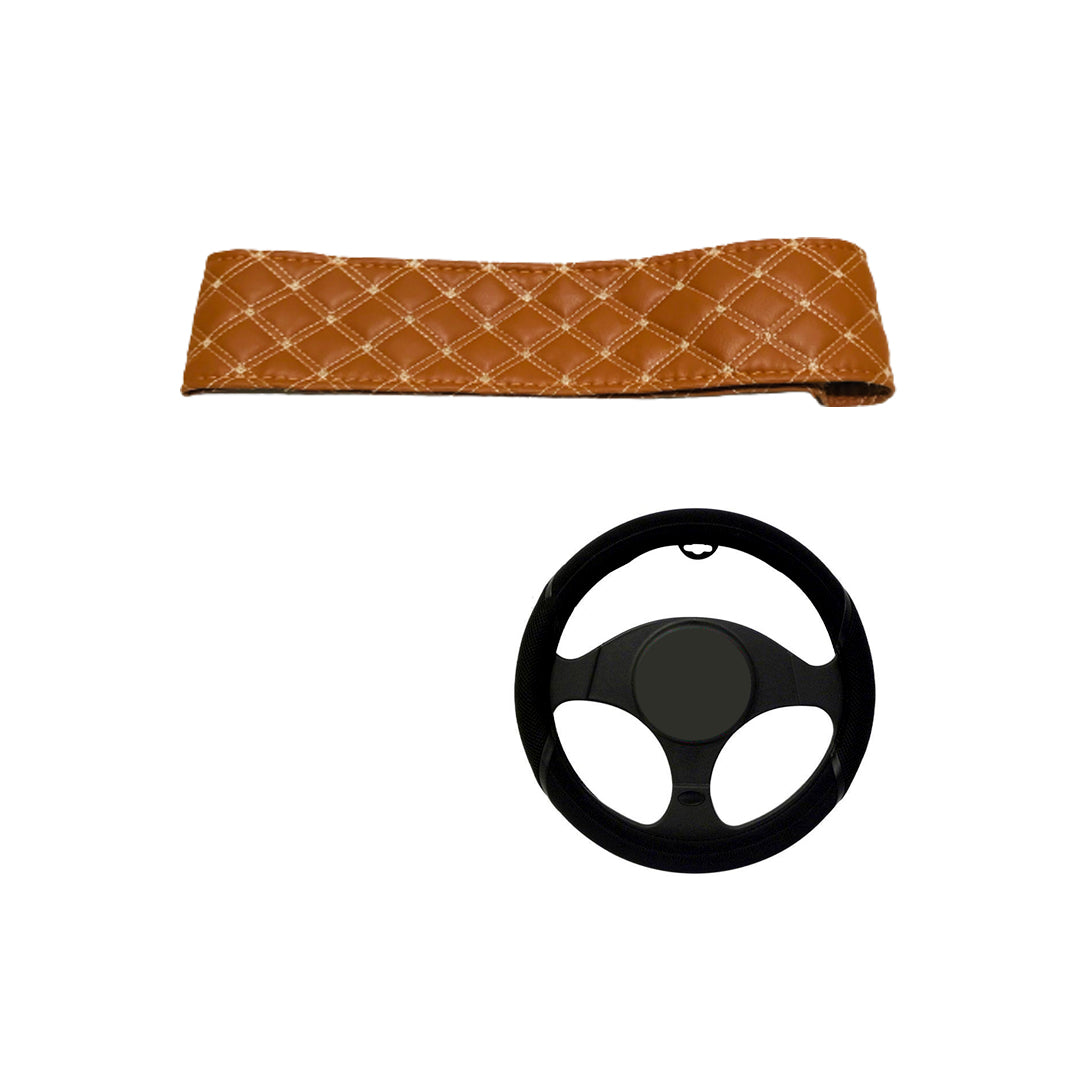 Car Steering Wheel Cover Stitch Type Pvc/Leather Material 7D Design Brown Universal Fitting Plastic Box Pack