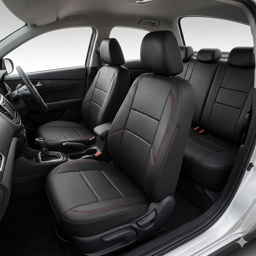 Auto Leather Type Seat Cover M/C Oem Design Custom Fitting Honda City 2018 Black Colour Red Stitch 09 Pcs/Set