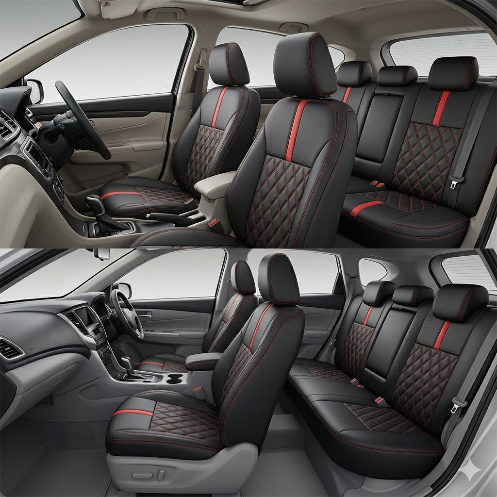 Auto Leather Type Seat Cover M/E Custom Design Custom Fitting Honda Civic 2009 Black Colour Red Stitch 11 Pcs/Set