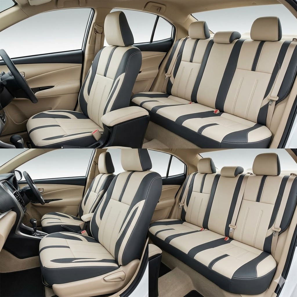 Auto Leather Type Seat Cover M/A Gt Design Custom Fitting Toyota Yaris 2020 Beige/Black Colour Beige Stitch 11 Pcs/Set Premium Quality