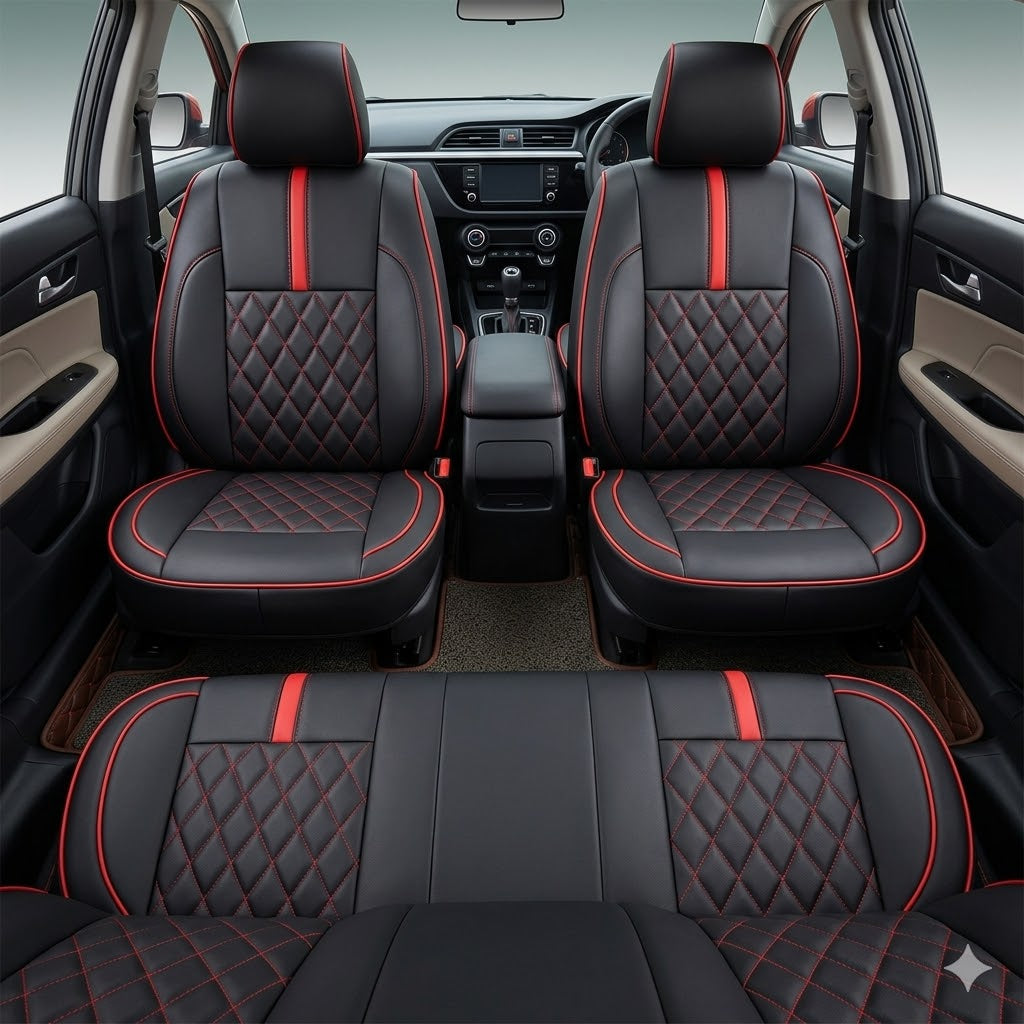 Auto Leather Type Seat Cover M/C Hockey Design Custom Fitting Toyota Corolla 2018 Black Colour Red Stitch 12 Pcs / Set