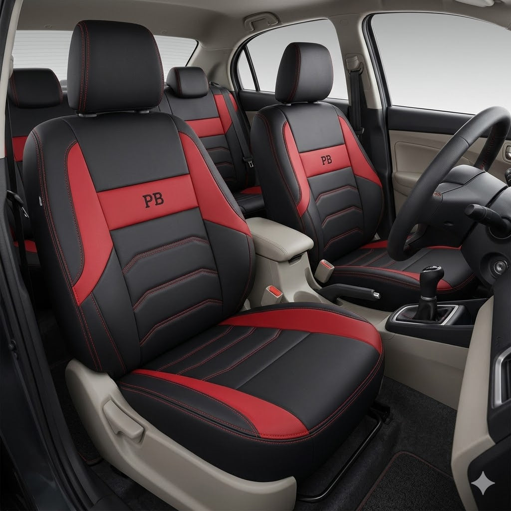 Auto Leather Type Seat Cover M/C Oem Design Custom Fitting Honda City 2018 Black Colour Red Stitch Red Border 09 Pcs/Set