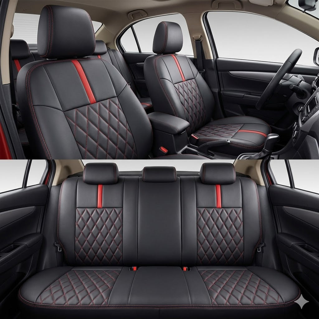 Auto Leather Type Seat Cover M/E Diamond Design Custom Fitting Suzuki Swift 2018 Black Colour Red Stitch 09 Pcs/Set