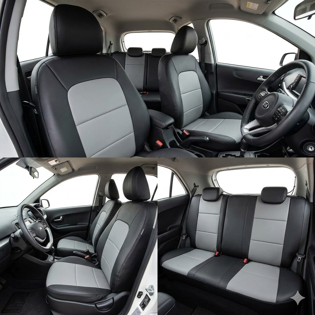 Auto Leather Type Seat Cover M/C Oem Design Custom Fitting Kia Picanto 2020 Black/Light Grey Black Stitch 11 Pcs/Set