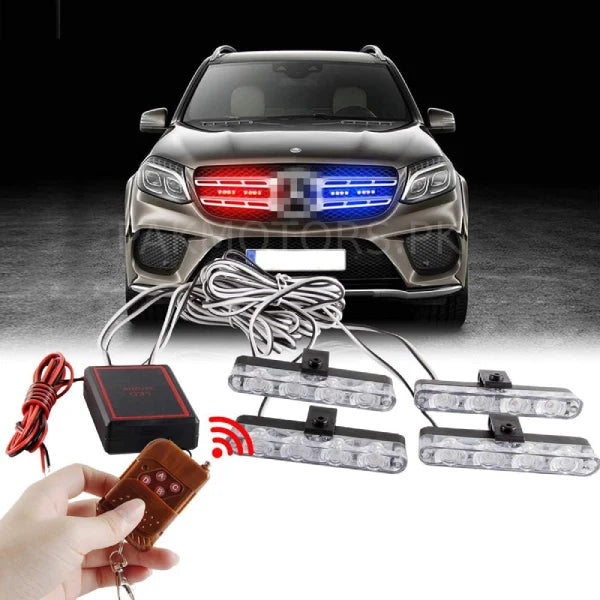 Car Exterior Led Grill Light Plastic Housing Red/Blue    12 Led 04 Pcs/Set Colour Box Pack 04 Pcs/Pack With Remote 9203 (China)