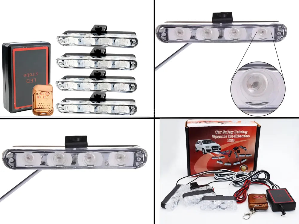 Car Exterior Led Grill Light Plastic Housing White Rectangle Shape 16 Led 04 Pcs/Set Colour Box Pack 04 Pcs/Pack White/Flasher (China)