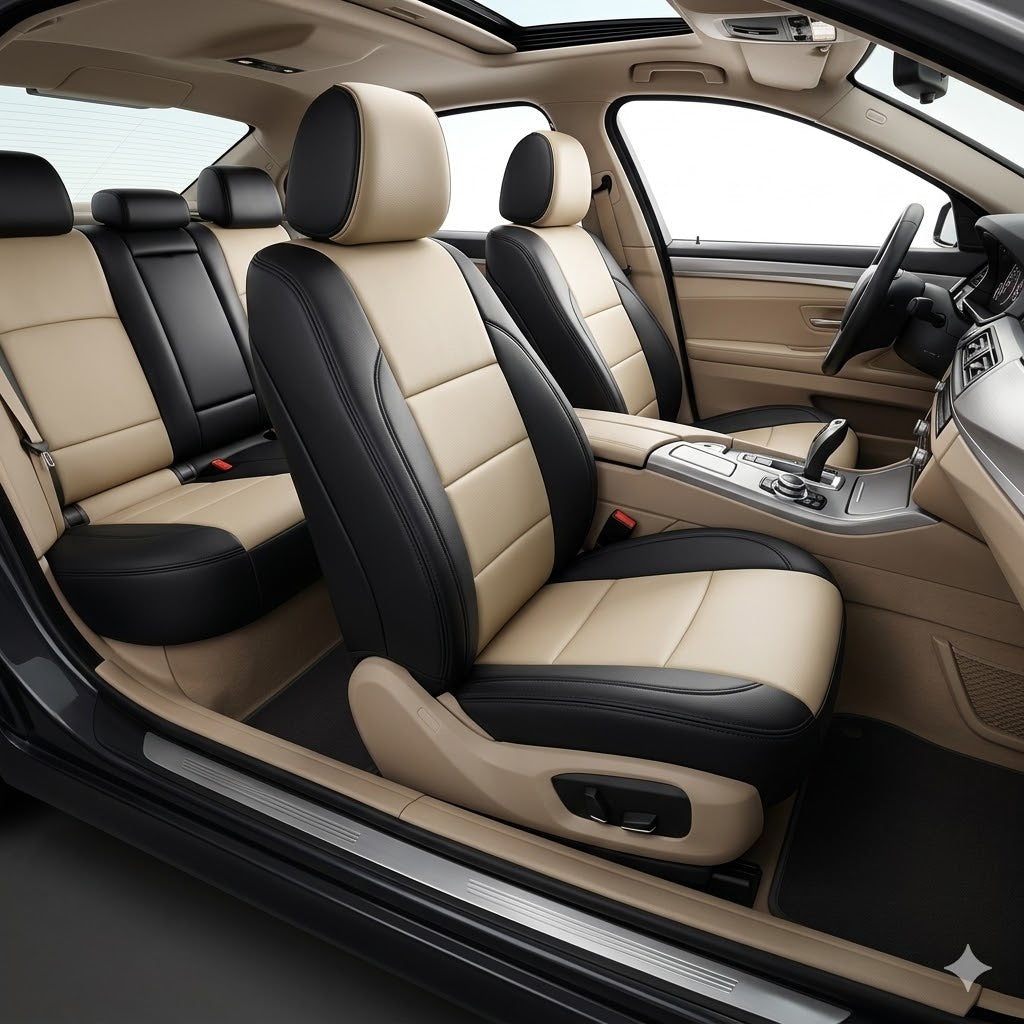Auto Leather Type Seat Cover M/D Oem Design Custom Fitting Toyota Corolla 2018 Black/Beige Colour Black Stitch 12 Pcs / Set