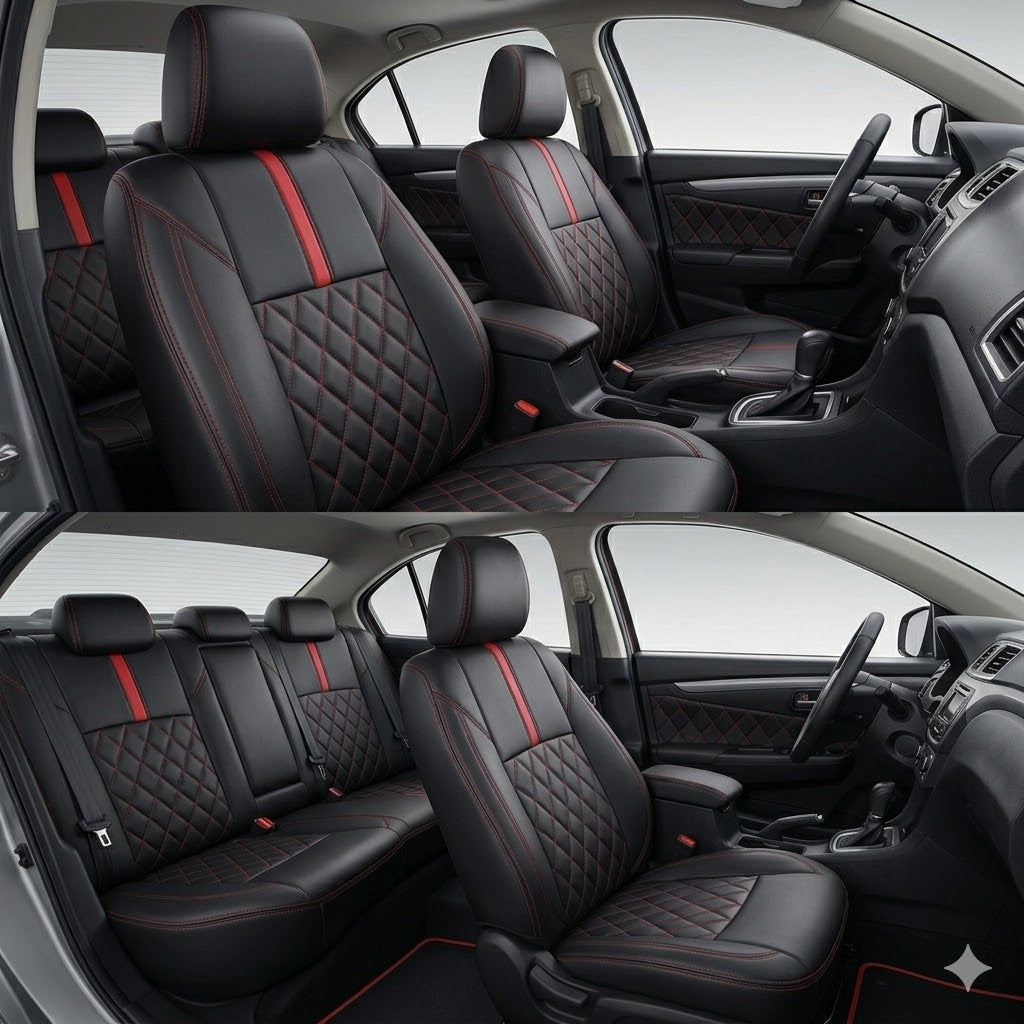 Auto Leather Type Seat Cover M/B Diamond Design Custom Fitting Changan Alsvin 2021 Black Colour Red Stitch 08 Pcs/Set