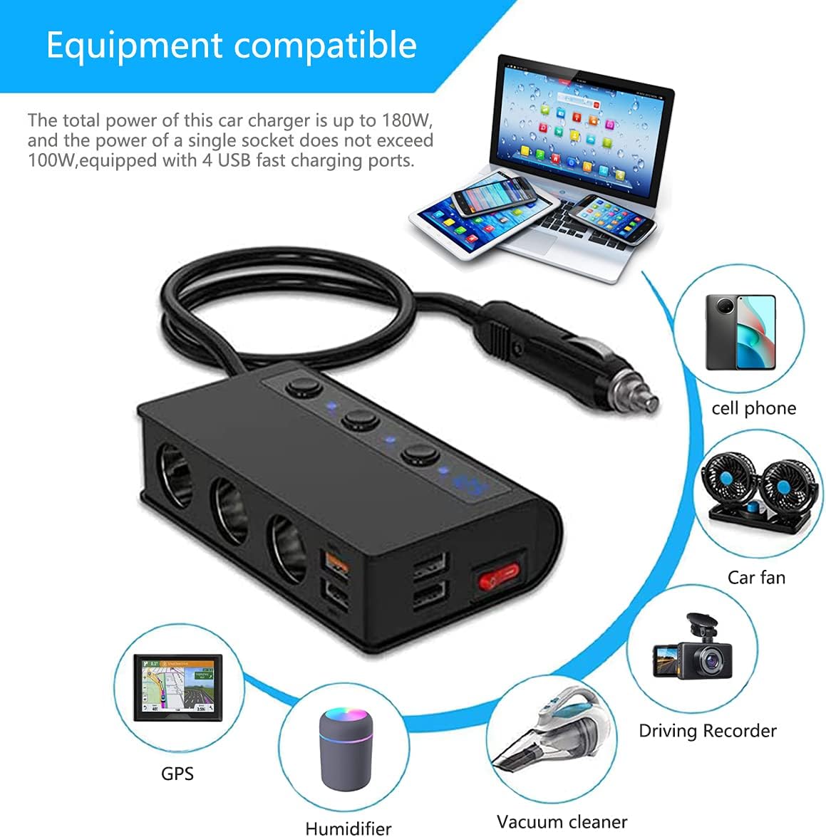 Car Dc Cigarette Lighter Socket Splitter 3 Dc Sockets + 2 Usb Port Plastic Housing With Led 2A 12V Black Housing Colour Box Pack Laptop Charger (China)