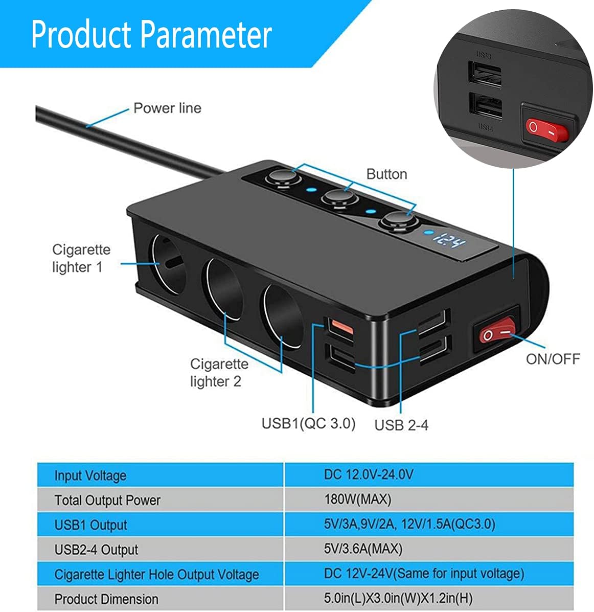 Car Dc Cigarette Lighter Socket Splitter 3 Dc Sockets + 2 Usb Port Plastic Housing With Led 2A 12V Black Housing Colour Box Pack Laptop Charger (China)