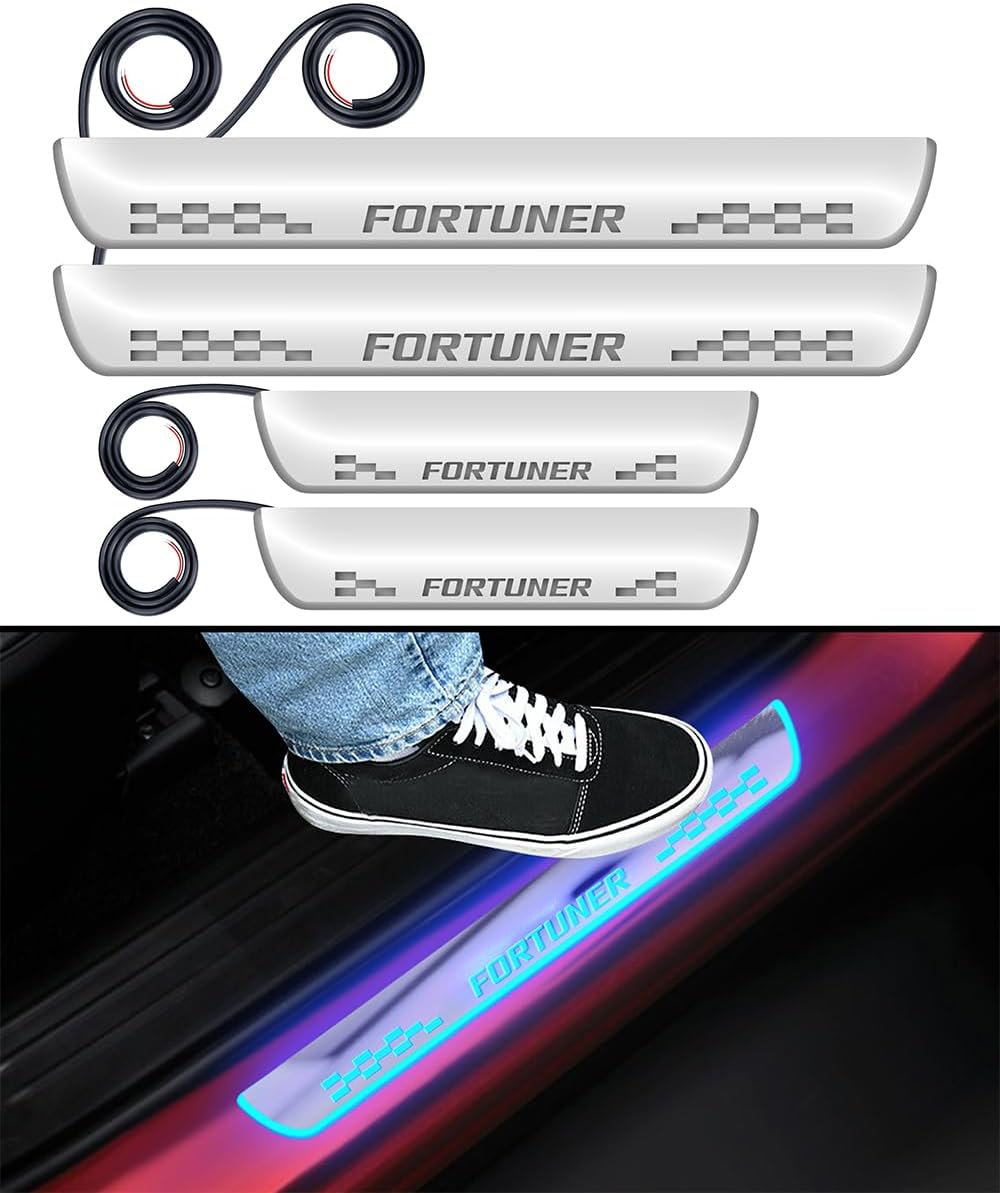 Car Door Sill Scuff Plate Protectors Ss Type W/Led Oem Fitting Toyota Fortuner 2018 Fortuner Logo Blue Led 04 Pcs/Set Black/Ss Colour (China)