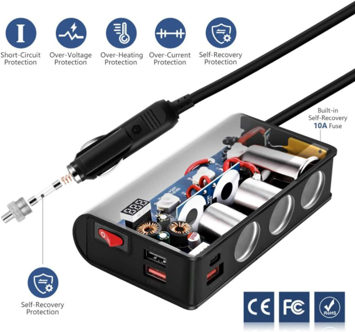 Car Dc Cigarette Lighter Socket Splitter 3 Dc Sockets + 2 Usb Port Plastic Housing With Led 2A 12V Black Housing Colour Box Pack Laptop Charger (China)