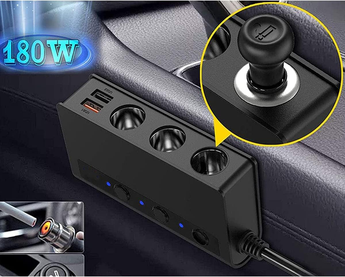 Car Dc Cigarette Lighter Socket Splitter 3 Dc Sockets + 2 Usb Port Plastic Housing With Led 2A 12V Black Housing Colour Box Pack Laptop Charger (China)