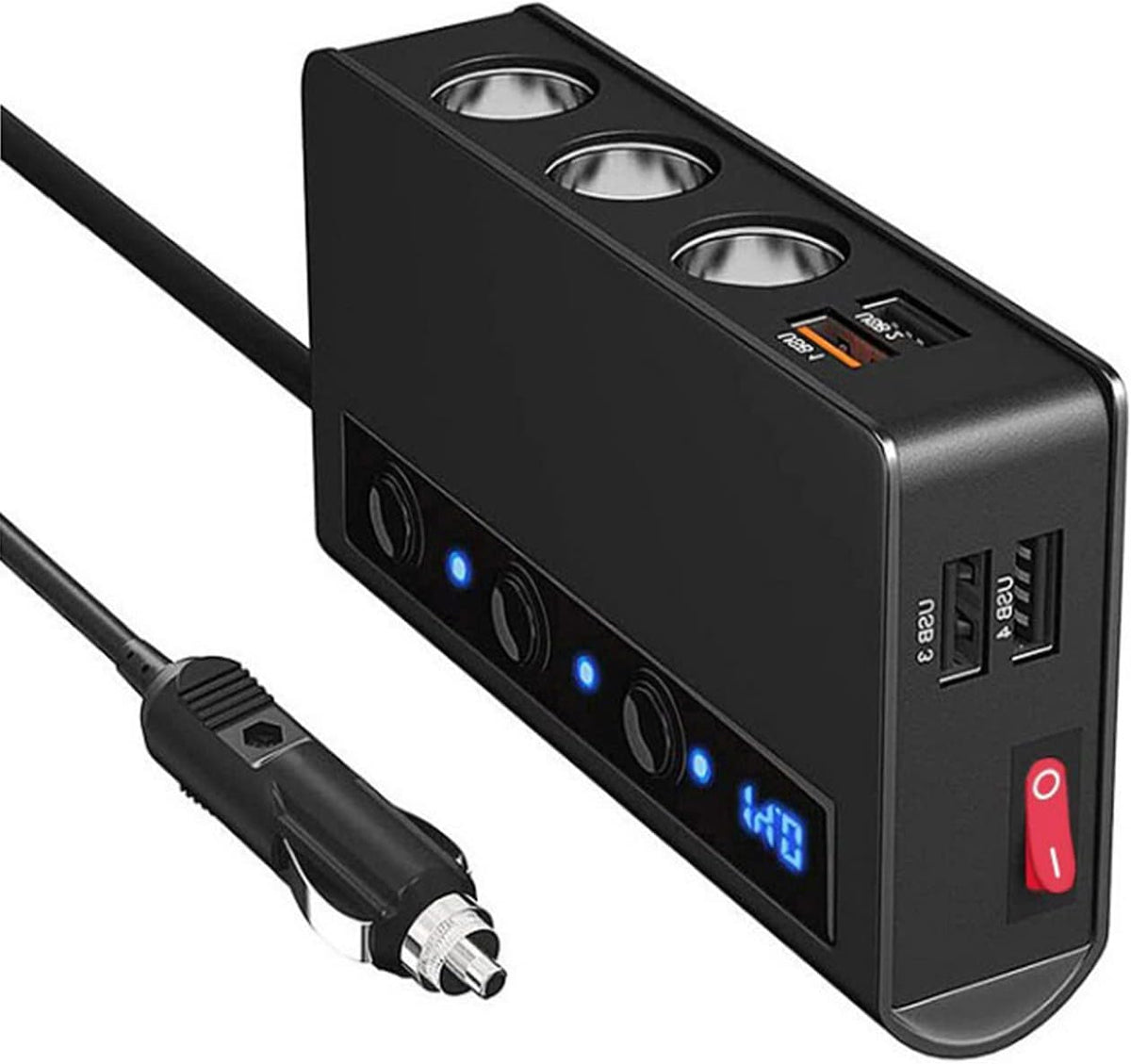 Car Dc Cigarette Lighter Socket Splitter 3 Dc Sockets + 2 Usb Port Plastic Housing With Led 2A 12V Black Housing Colour Box Pack Laptop Charger (China)