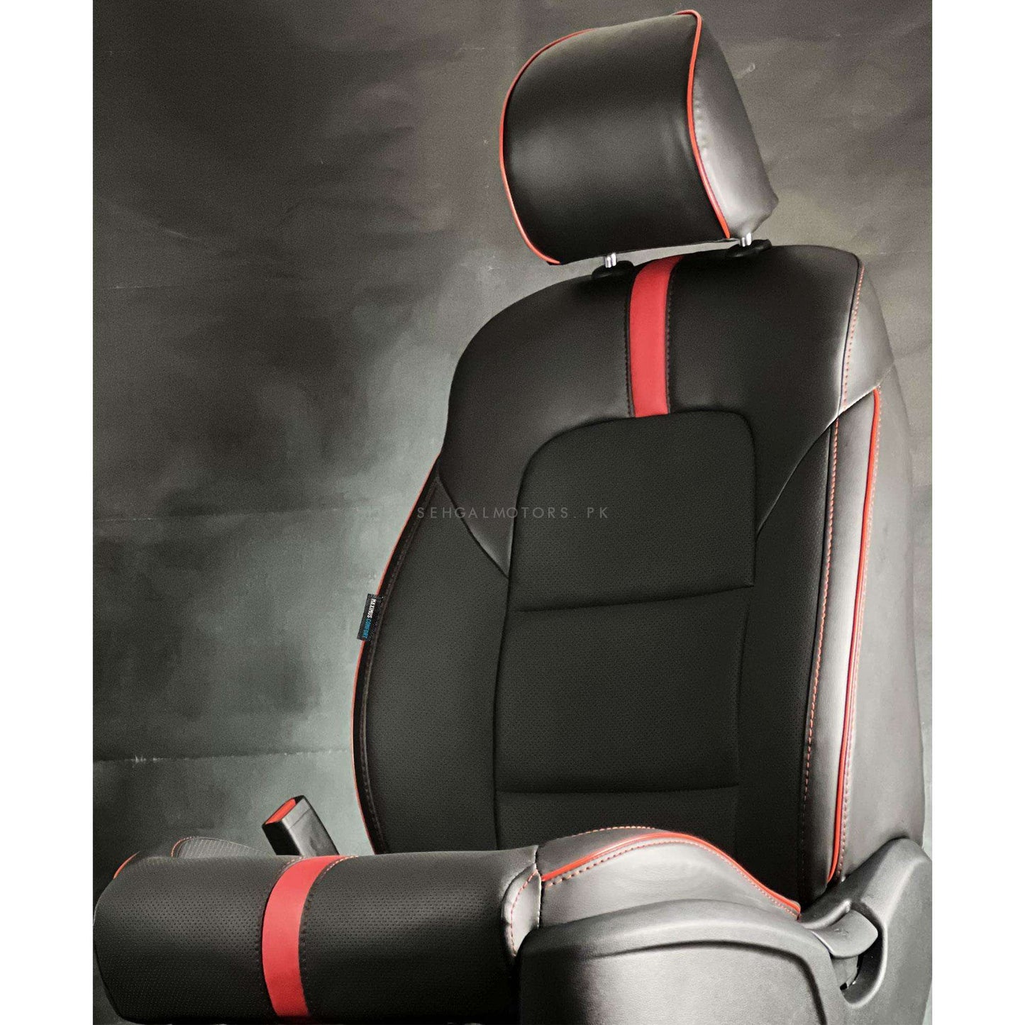 Auto Leather Type Seat Cover M/B Custom Design Custom Fitting Suzuki Old Cultus Black Colour Red Stitch Red Border 08 Pcs/Set