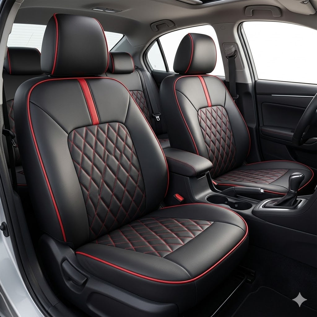 Auto Leather Type Seat Cover M/E Diamond Design Custom Fitting Suzuki Cultus 2020 Black Colour Red Stitch Red Border 06 Pcs/Set