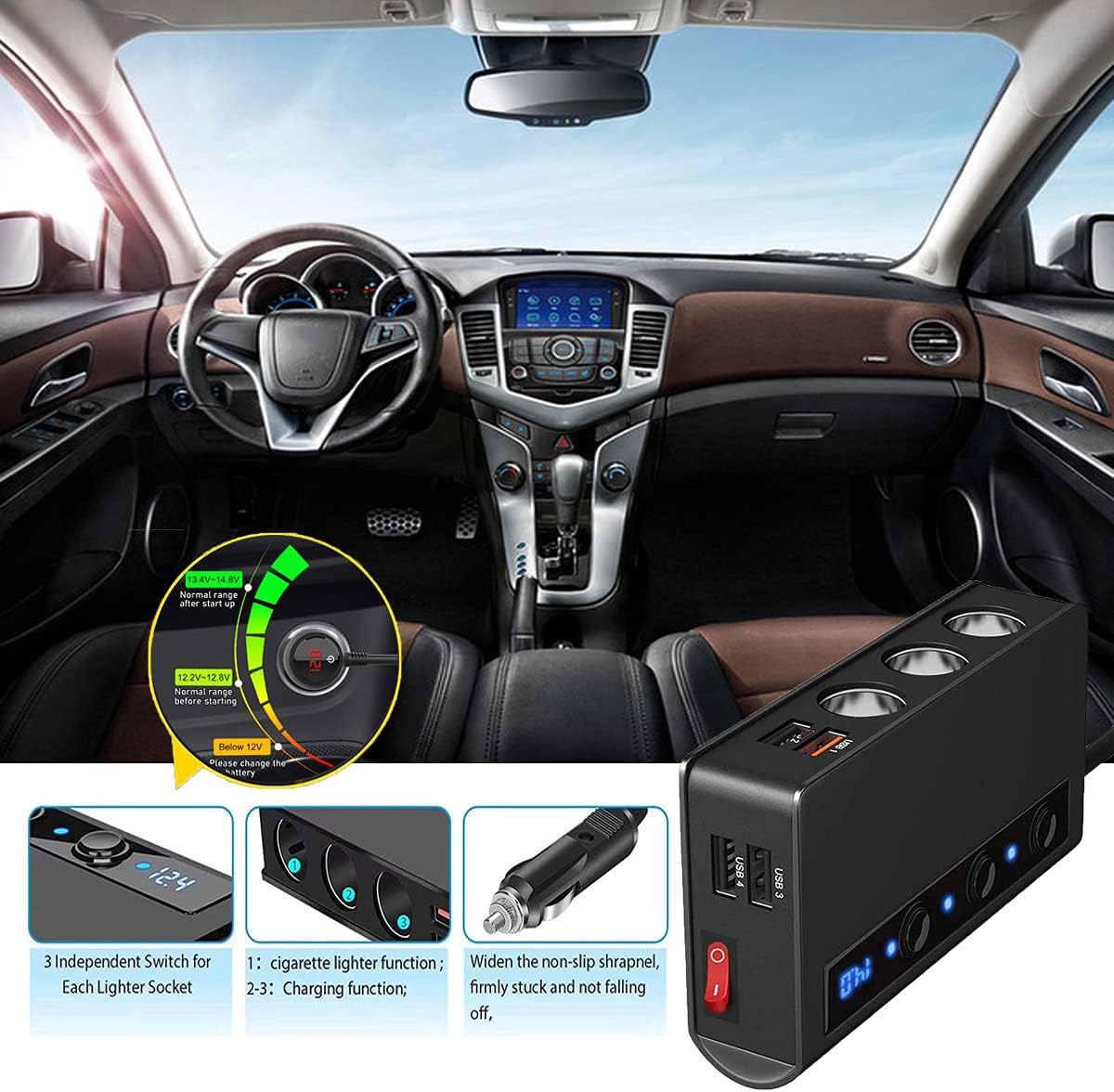 Car Dc Cigarette Lighter Socket Splitter 3 Dc Sockets + 2 Usb Port Plastic Housing With Led 2A 12V Black Housing Colour Box Pack Laptop Charger (China)
