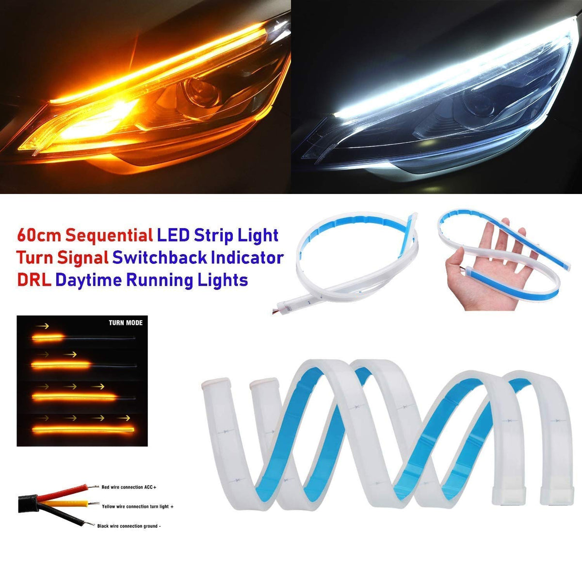 Car Exterior Led Eye Brow Silicone Housing White/Yellow 17" Strip Type 02 Pcs/Set Box Pack 02 Pcs/Pack (China)