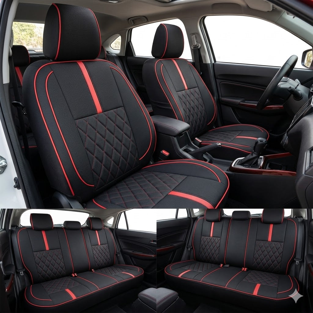Auto Leather Type Seat Cover M/E Diamond Design Custom Fitting Suzuki Alto 2020 Black Colour Red Stitch Red Border 06 Pcs/Set