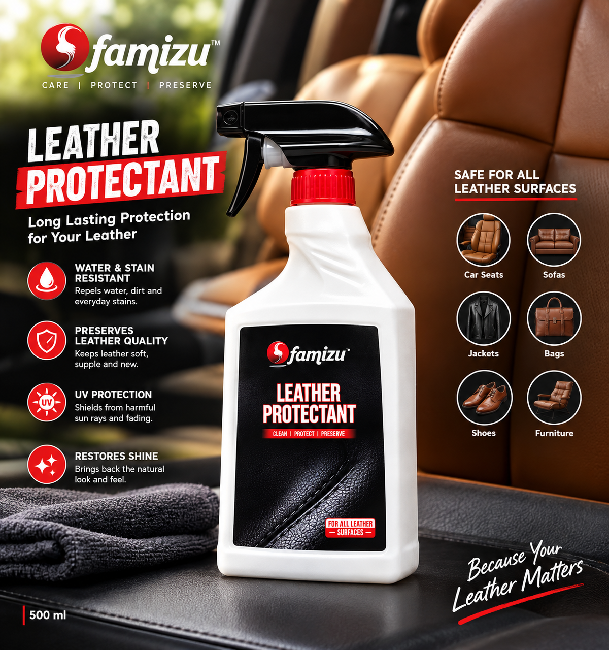 Leather Polish Famizu Plastic Bottle Pack 500Ml Leather Protectant Gm-9017 (China)