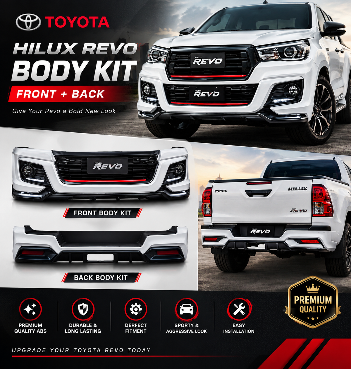 Body Kit 4X4 Front + Back Sides Toyota Vigo Champ 2012 Trd Design Plastic Material With Led 02 Pcs/Set Not Painted (Thailand)