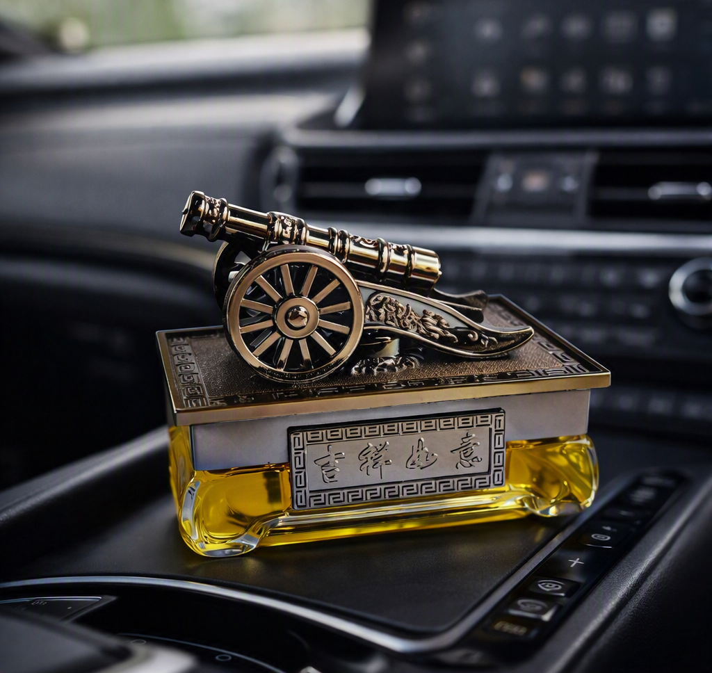 Car Perfume Glass Bottle / Canon Design Copper/Chrome Housing Orange Fragrance Large Size Colour Box Pack Fy-2958 (China)