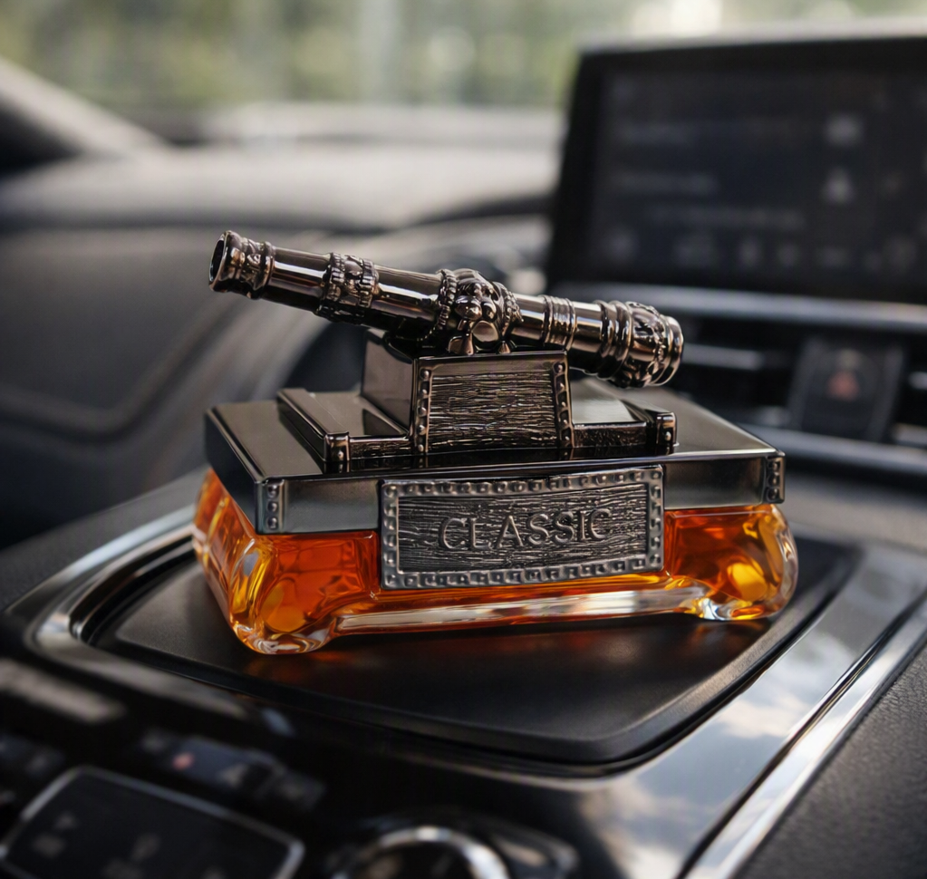Car Perfume Glass Bottle / Canon Design Copper/Chrome Housing Orange Fragrance Large Size Colour Box Pack Fy-2954 (China)