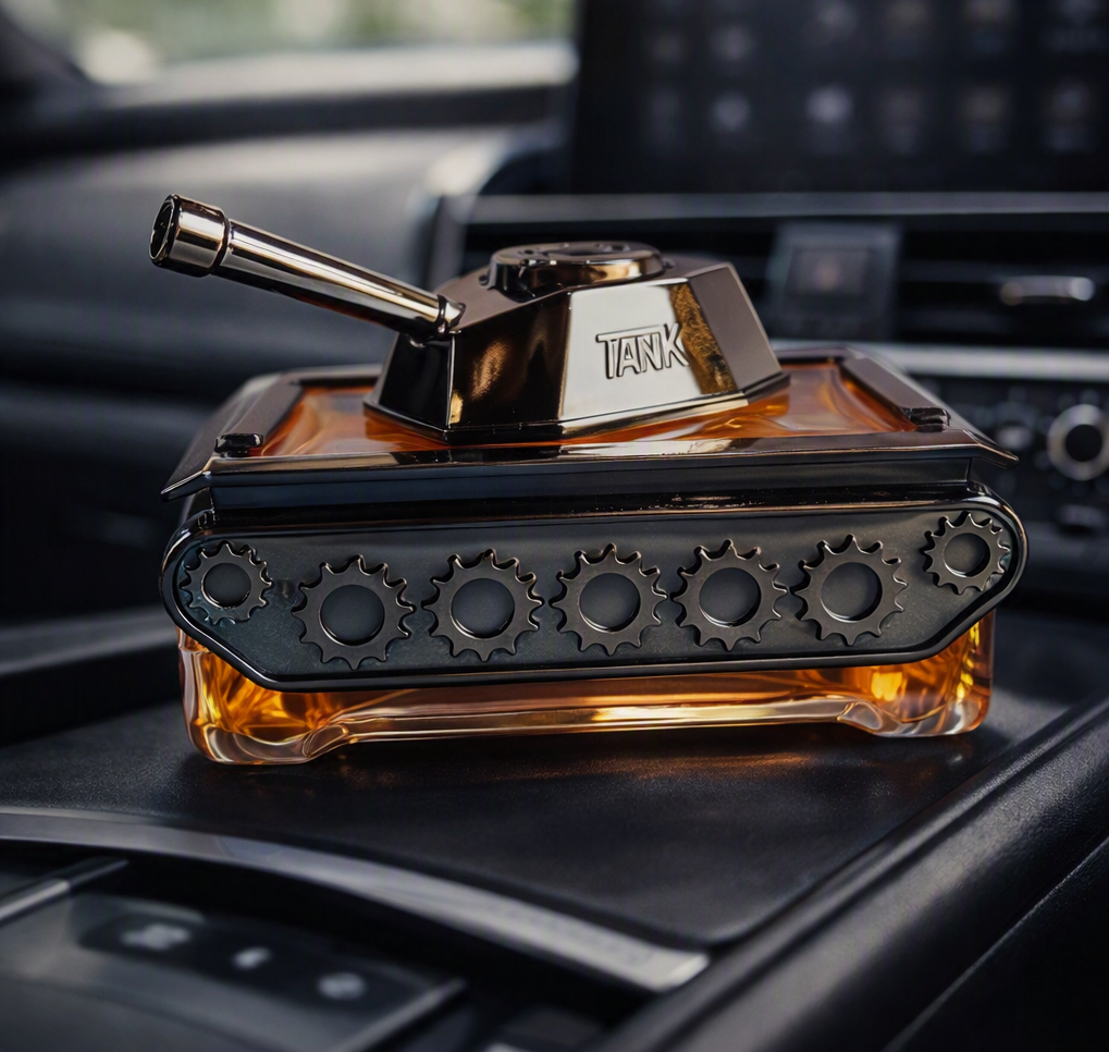 Car Perfume Glass Bottle / Tank Design Copper/Chrome Housing Orange Fragrance Large Size Colour Box Pack Fy-2956 (China)
