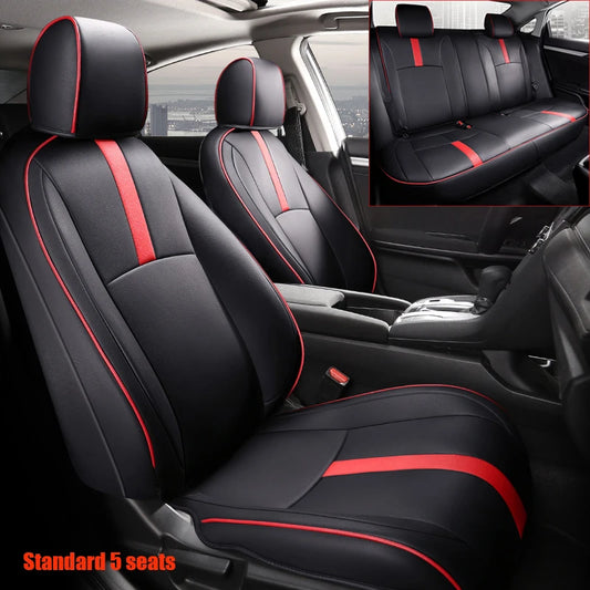 Auto Leather Type Seat Cover M/B Custom Design Custom Fitting Honda Civic 2018 Black Colour Red Stitch Red Border 12 Pcs/Set