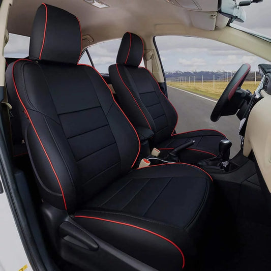 Auto Leather Type Seat Cover M/E Diamond Design Custom Fitting Suzuki Cultus 2020 Black Colour Red Stitch Red Border 06 Pcs/Set