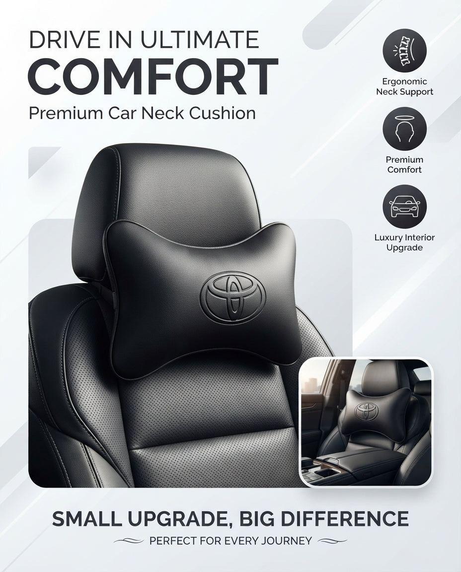 Car Neck Rest Cushions Pvc Leather Material Toyota Logo 02 Pcs/Set Black Poly Bag Pack (Pakistan)