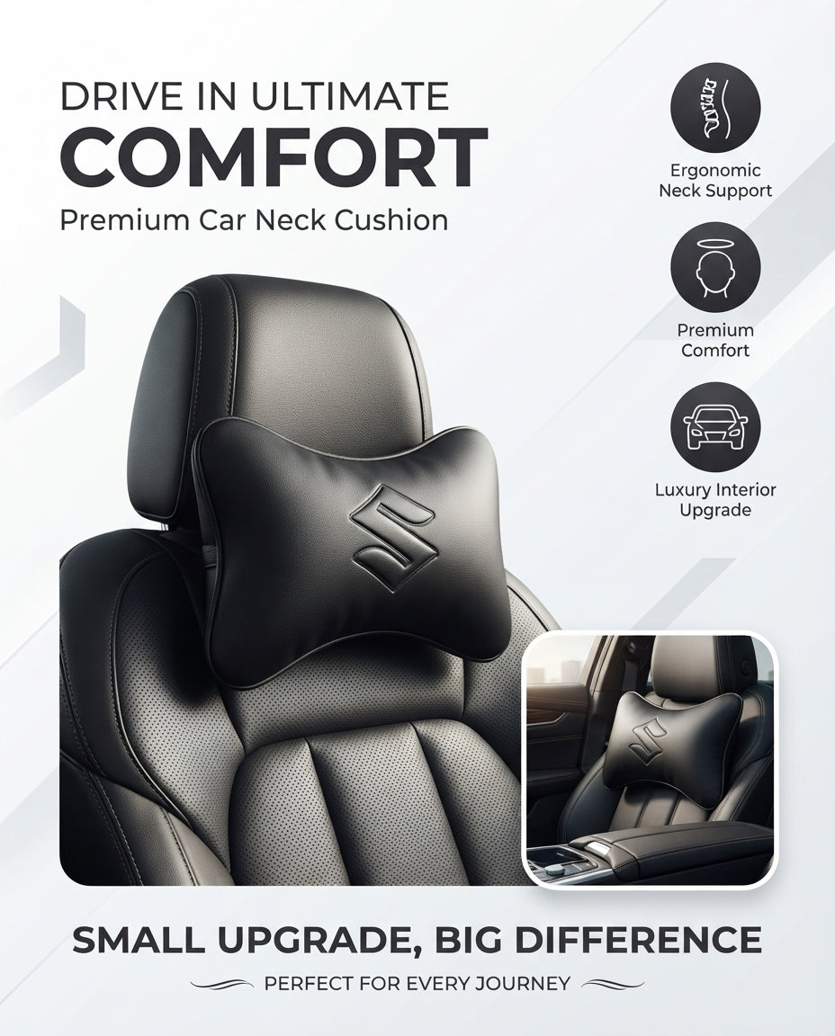 Car Neck Rest Cushions Pvc Leather Material Suzuki Logo 02 Pcs/Set Black Poly Bag Pack (Pakistan)