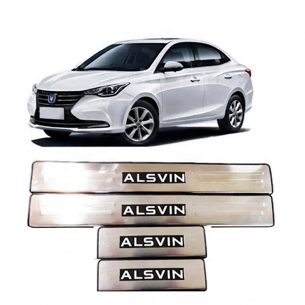 Car Door Sill Scuff Plate Protectors Ss Type W/Led Oem Fitting Changan Alsvin 2021 Alsvin Logo White Led 04 Pcs/Set Ss Colour (China)