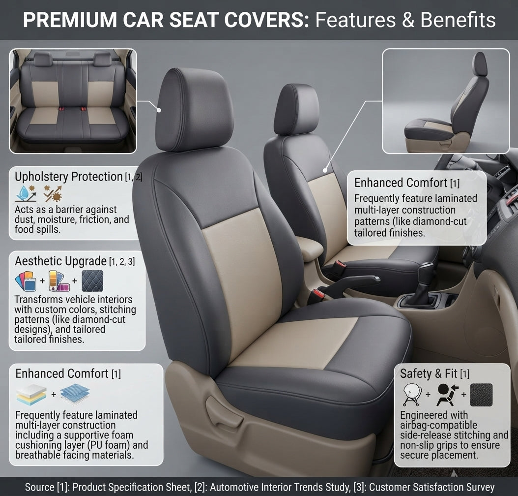 Auto Leather Type Seat Cover M/D Oem Design Custom Fitting Suzuki Wagon-R 2018 Black/Y-Grey Colour Black Stitch 06 Pcs/Set