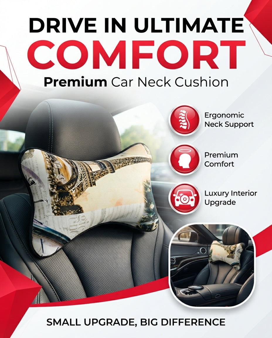 Car Neck Rest Cushions Pvc Material 02 Pcs/Set Black/White Colour Poly Bag Pack Eiffia Tower Design (Pakistan)