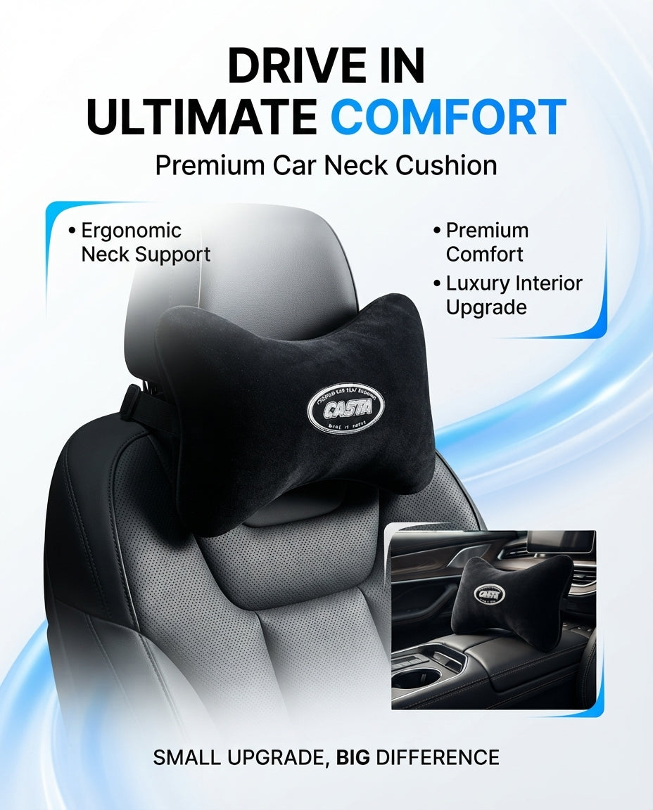 Car Neck Rest Cushions Velvet/Pvc Material Casta Logo 02 Pcs/Set Black Poly Bag Pack (Pakistan)