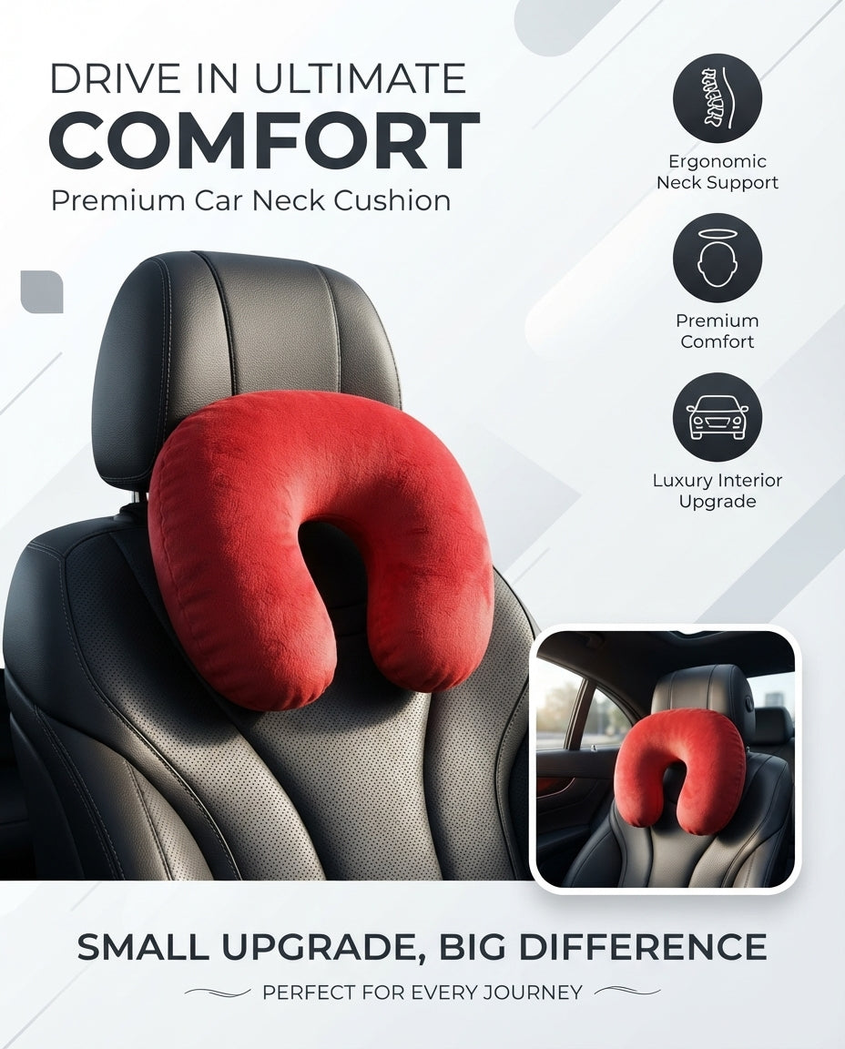 Car Neck Rest Cushions Velvet Material U Shape 01 Pc/Set Red Poly Bag Pack