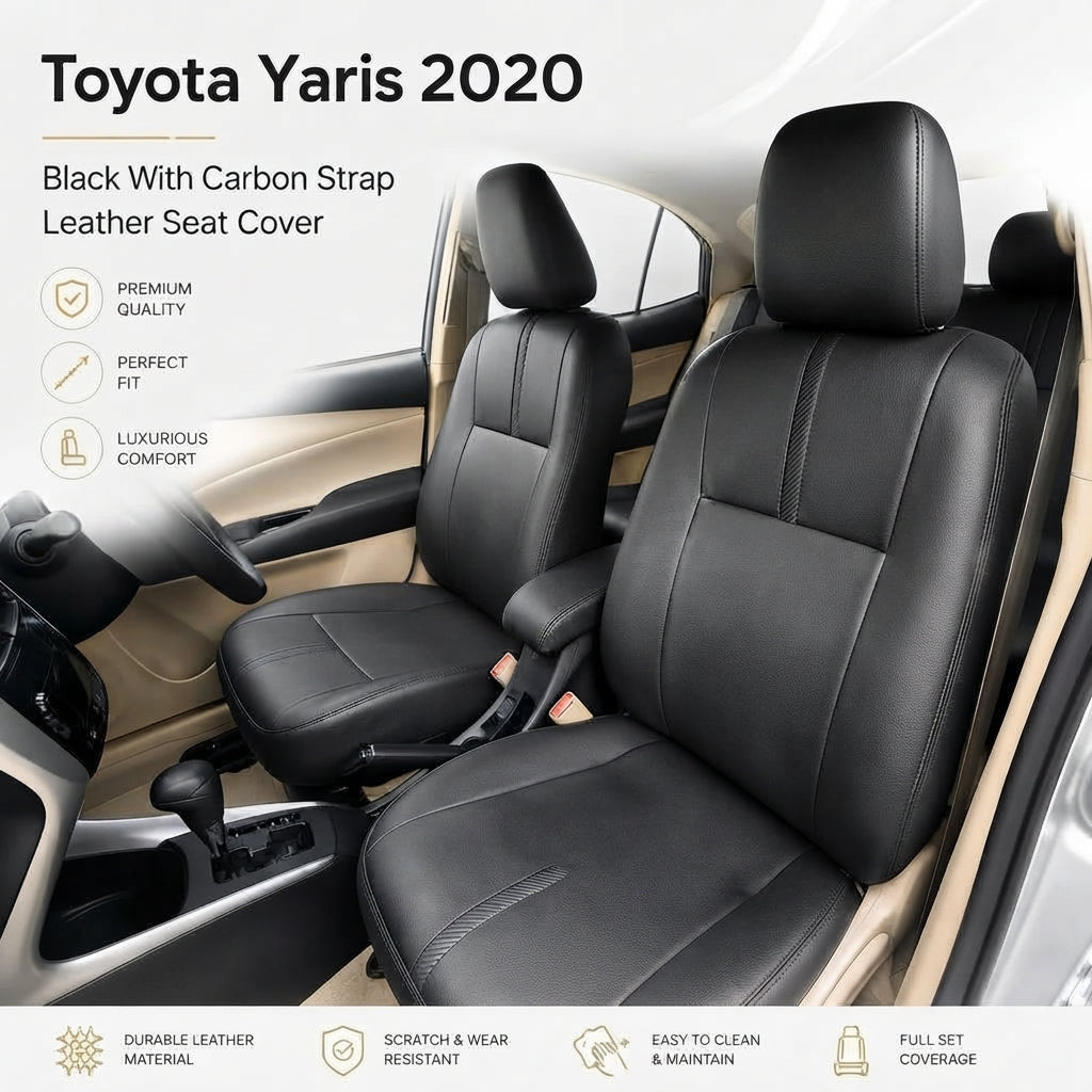 Auto Leather Type Seat Cover M/C Oem Design Custom Fitting Toyota Yaris 2020 Black Colour Red Stitch 11 Pcs/Set