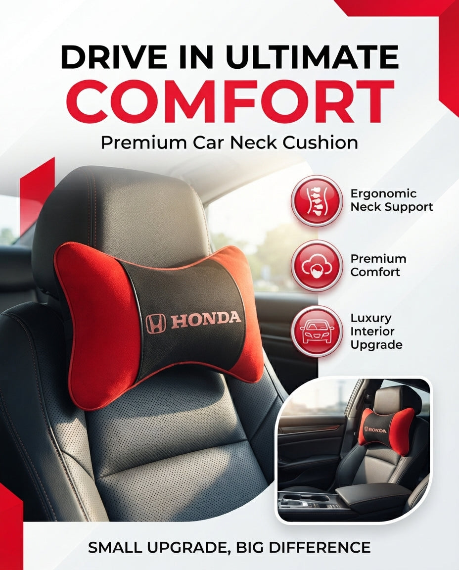 Car Neck Rest Cushions Velvet/Pvc Material Honda Logo 02 Pcs/Set Black/Red Poly Bag Pack (Pakistan)