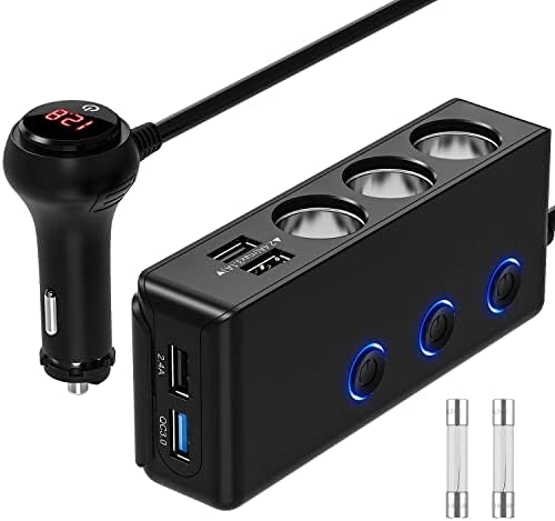 Car Dc Cigarette Lighter Socket Splitter   3 Dc Sockets + 2 Usb Port Plastic Housing With Led  2A 12V Black Housing Colour Box Pack Laptop Charger (China)