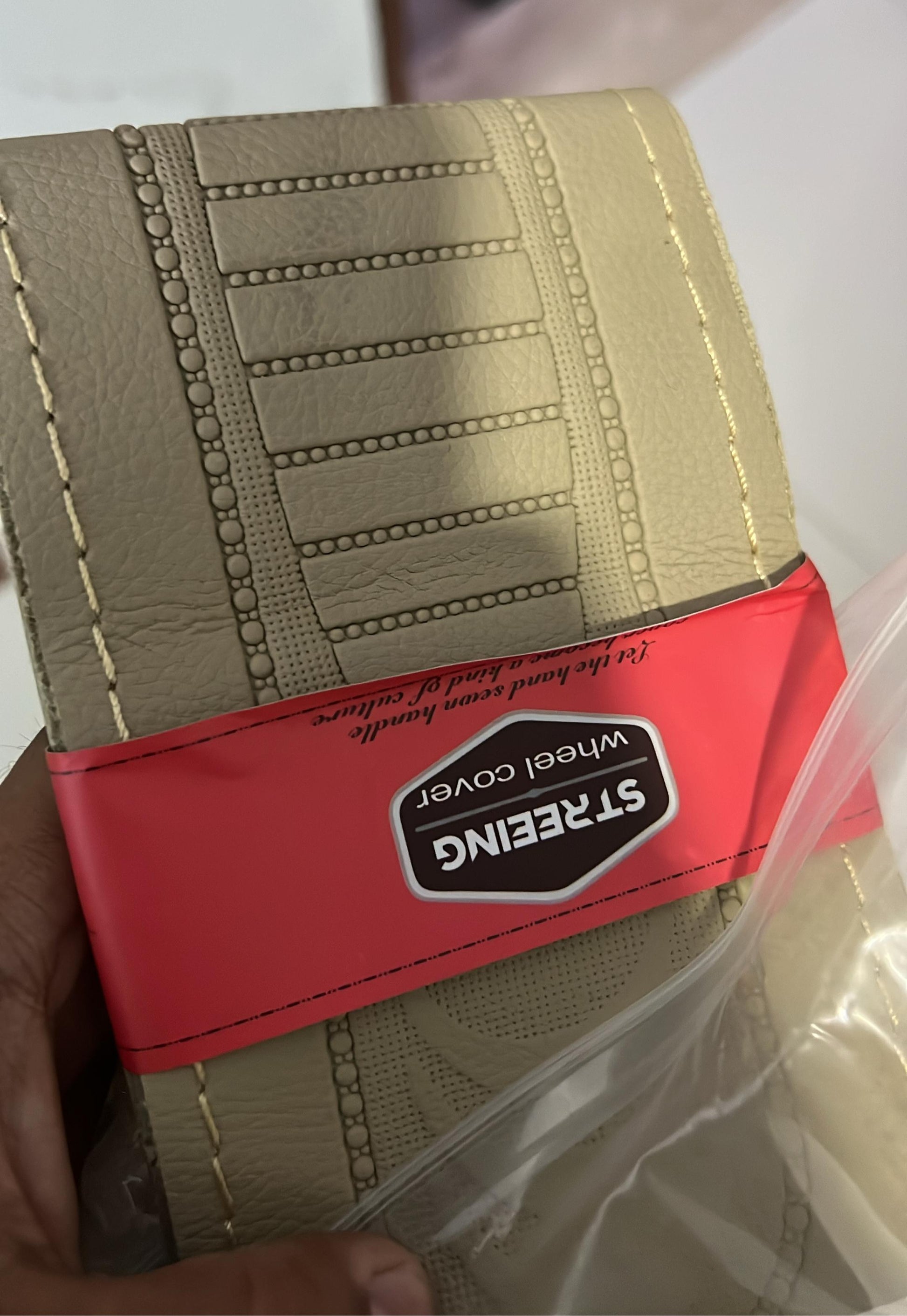 Car Steering Wheel Cover Stitch Type Pvc/Leather Material Sports Design Beige Universal Fitting Poly Bag Pack (China)