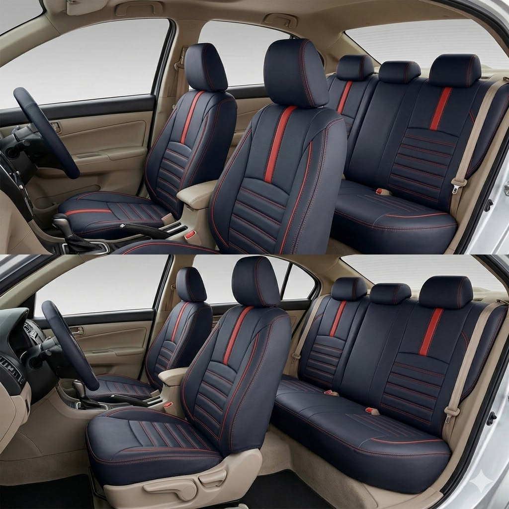 Auto Leather Type Seat Cover M/B Custom Design Custom Fitting Honda Civic 2018 Black Colour Red Stitch Red Border 12 Pcs/Set