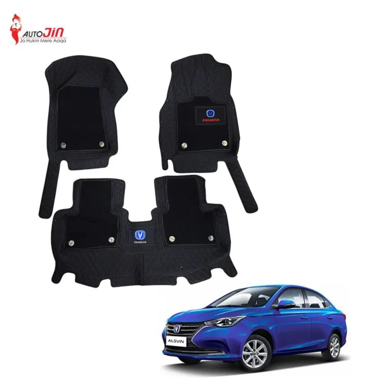 Car Floor Mat 10D Changan Alsvin 2021 Black Pvc Black Stitch Black/Grey Grass 03 Pcs / Set Premium Quality (China)