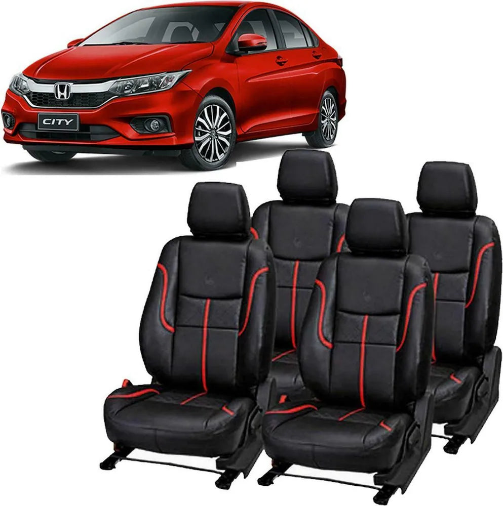 Auto Leather Type Seat Cover M/B Custom Design Custom Fitting Honda City 2022 Black Colour Red Stitch Red Border 09 Pcs/Set