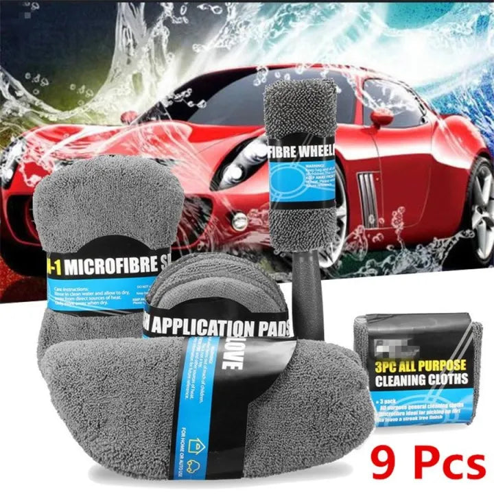 Car Cleaning / Washing / Polishing Kit Microfiber Type Grey 09 Pcs/Pack Pvc Bag Pack