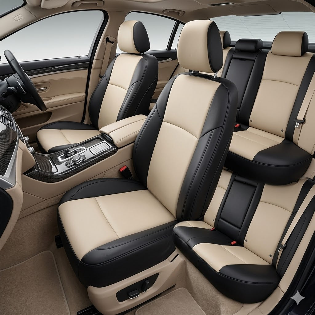 Auto Leather Type Seat Cover M/C Oem Design Custom Fitting Suzuki Alto 2020 Black/Beige Colour Black Stitch 06 Pcs/Set