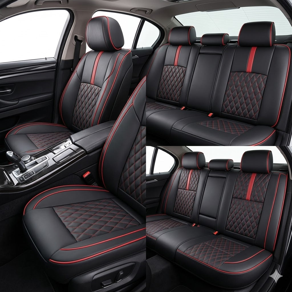 Auto Leather Type Seat Cover M/B Diamond Design Custom Fitting Kia Picanto 2020 Black Colour Red Stitch 11 Pcs/Set Premium Quality
